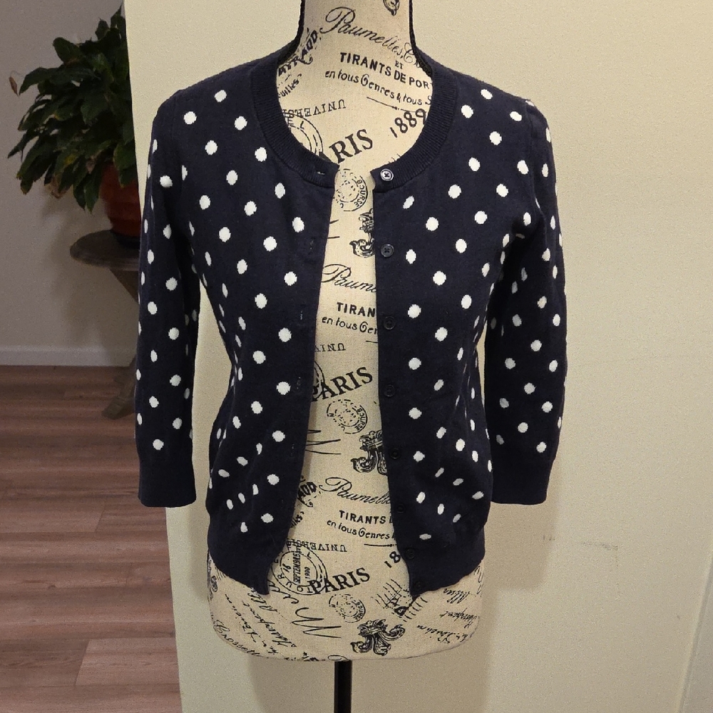 Talbots Navy and White Polka Dot Cardigan